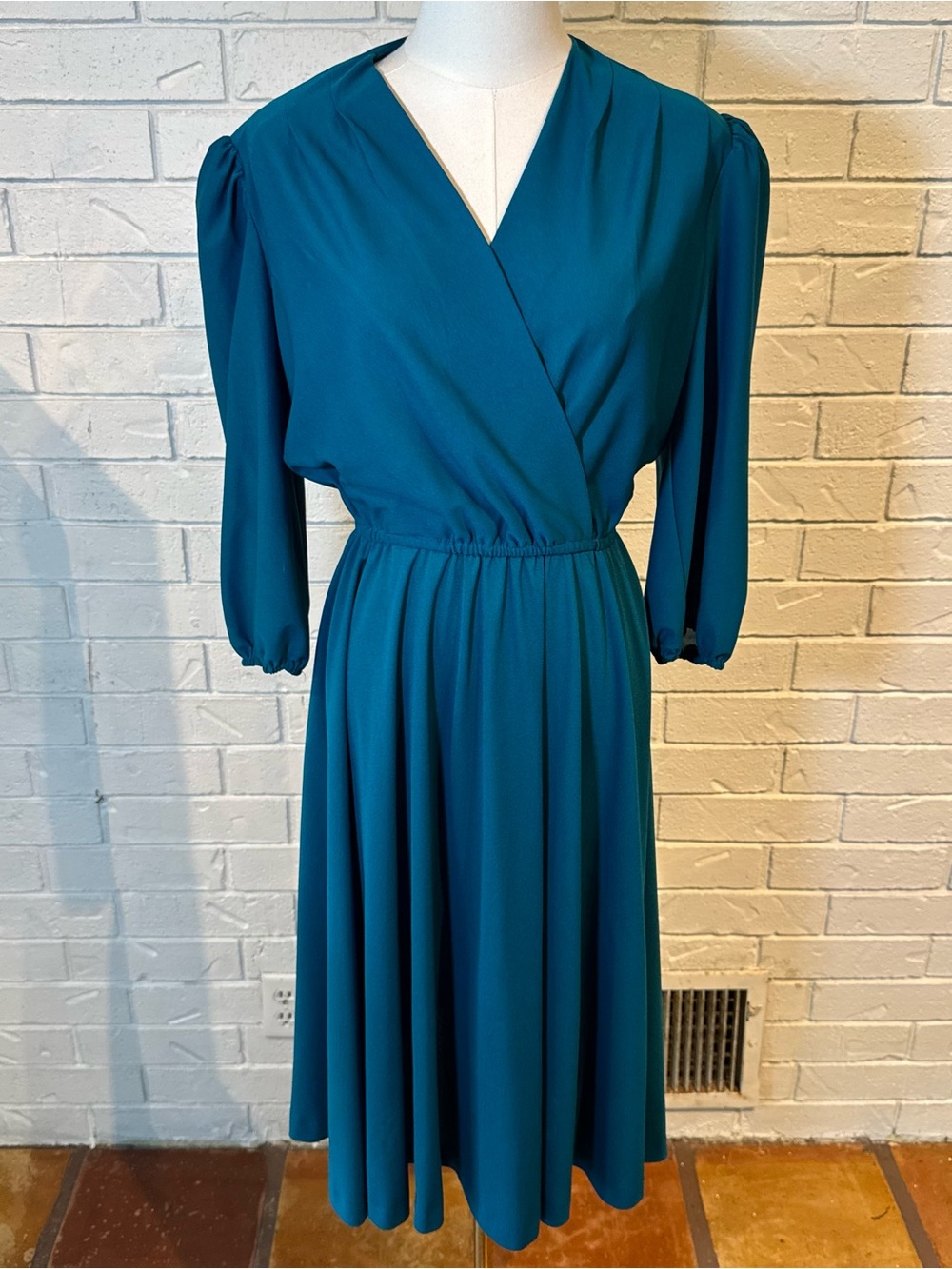 Vintage 80s Teal Wrap Top Midi Dress Womens S/M
